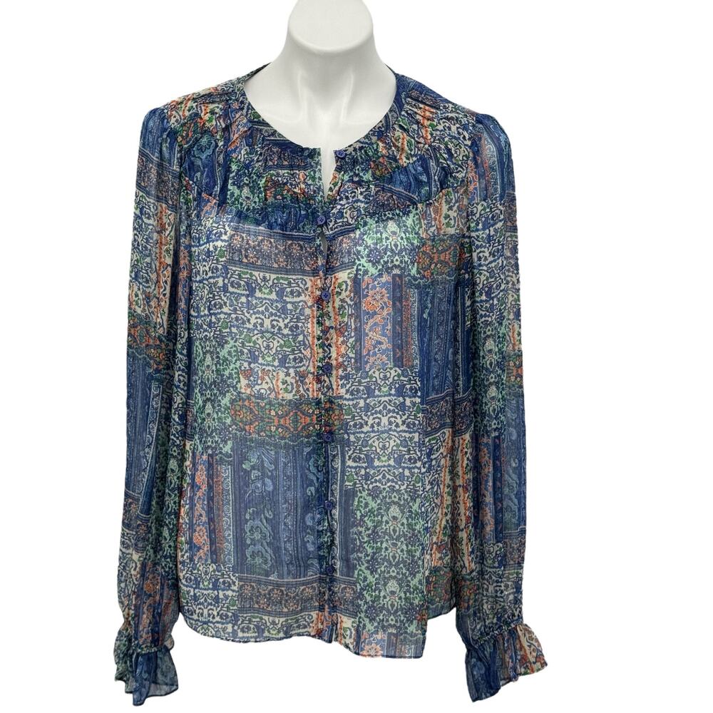 Ramy Brook Ariel Blouse SZ L Womens Blue Sheer Boho Floral Summer Vacation Relax